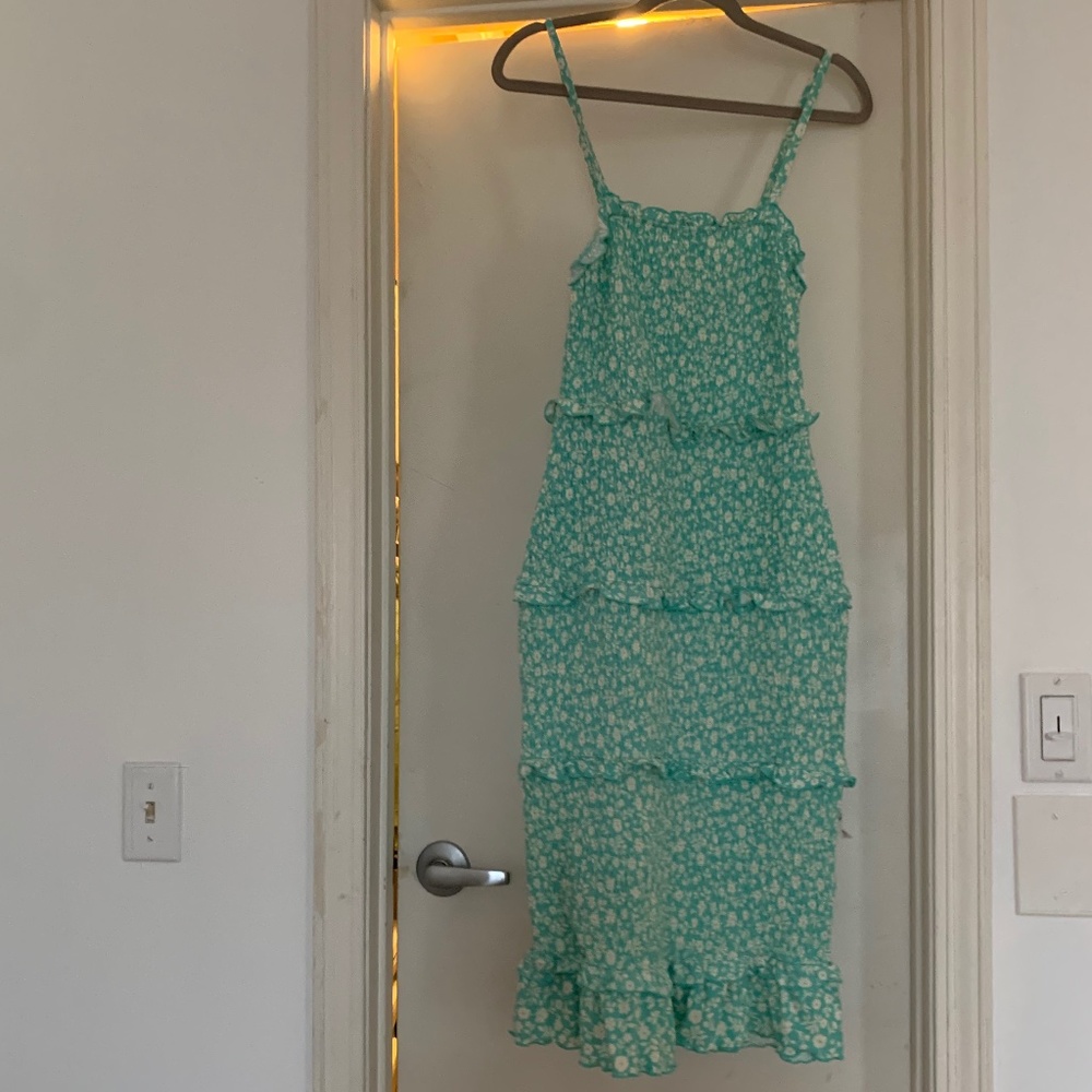 No Boundaries Teal Floral Ruffle Bodycon Midi Dress